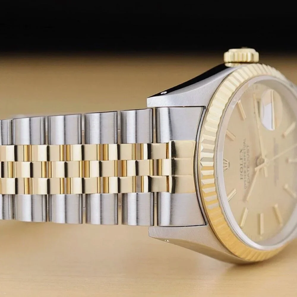 ROLEX MENS DATEJUST 18K GOLD STAINLESS STEEL CHAMPAGNE DIAL TWO TONE WATCH